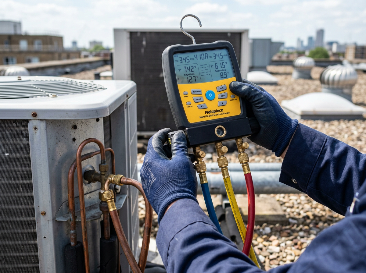 HVAC technician using a digital manifold gauge on a commercial rooftop unit