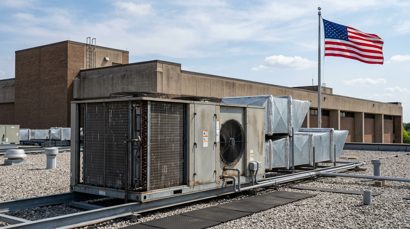 Commercial rooftop HVAC unit on a government facility with American flag